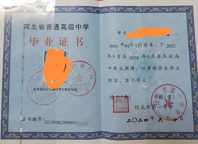 德州任丘市第一中学高中毕业证样本图片